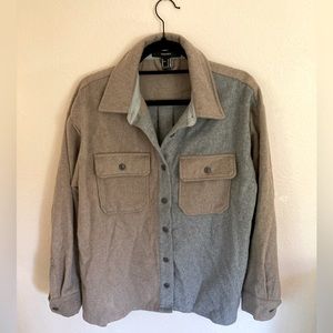 Fuzzy color-block shacket in grey and beige